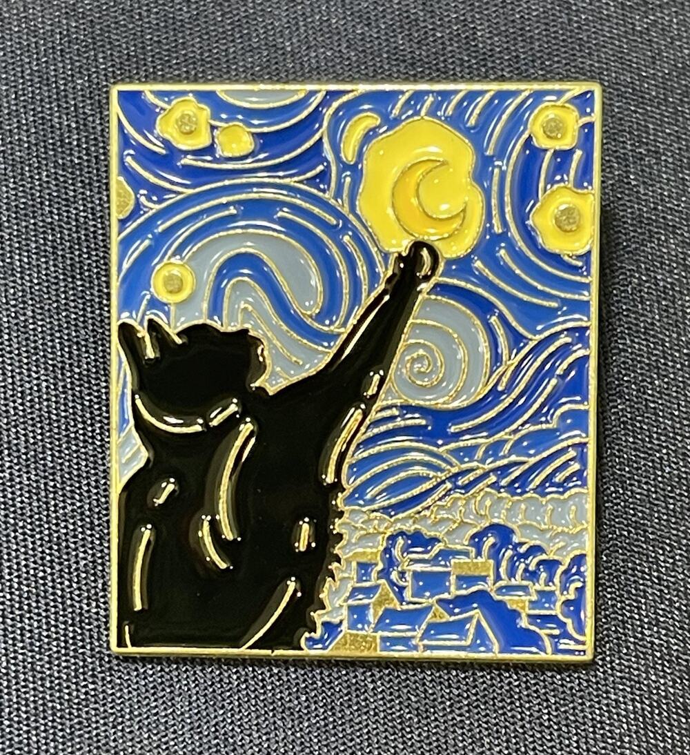NWOT Black Cat Starry Night Enamel Lapel Pin Blue Yellow Gold Van Gogh Inspired